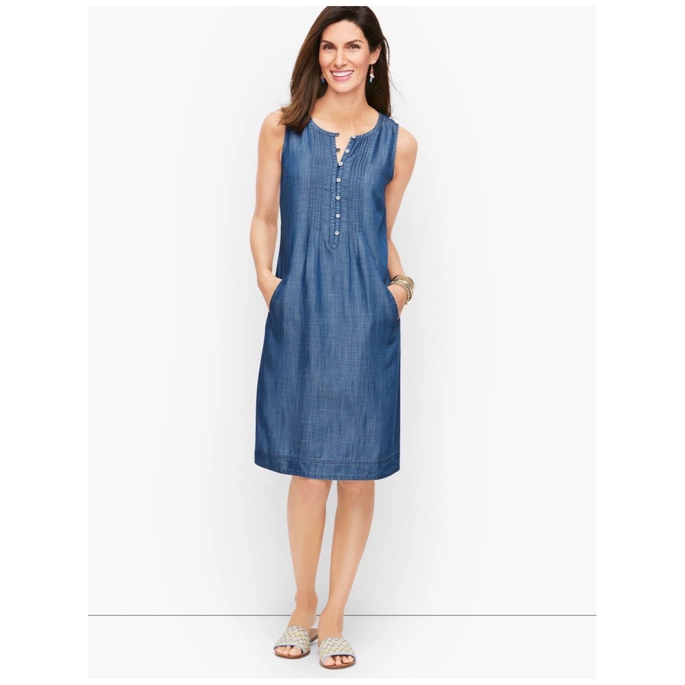 Talbots Pintuck Denim Shift Dress 10‎ Womens Blue Tencel Lyocell Pockets